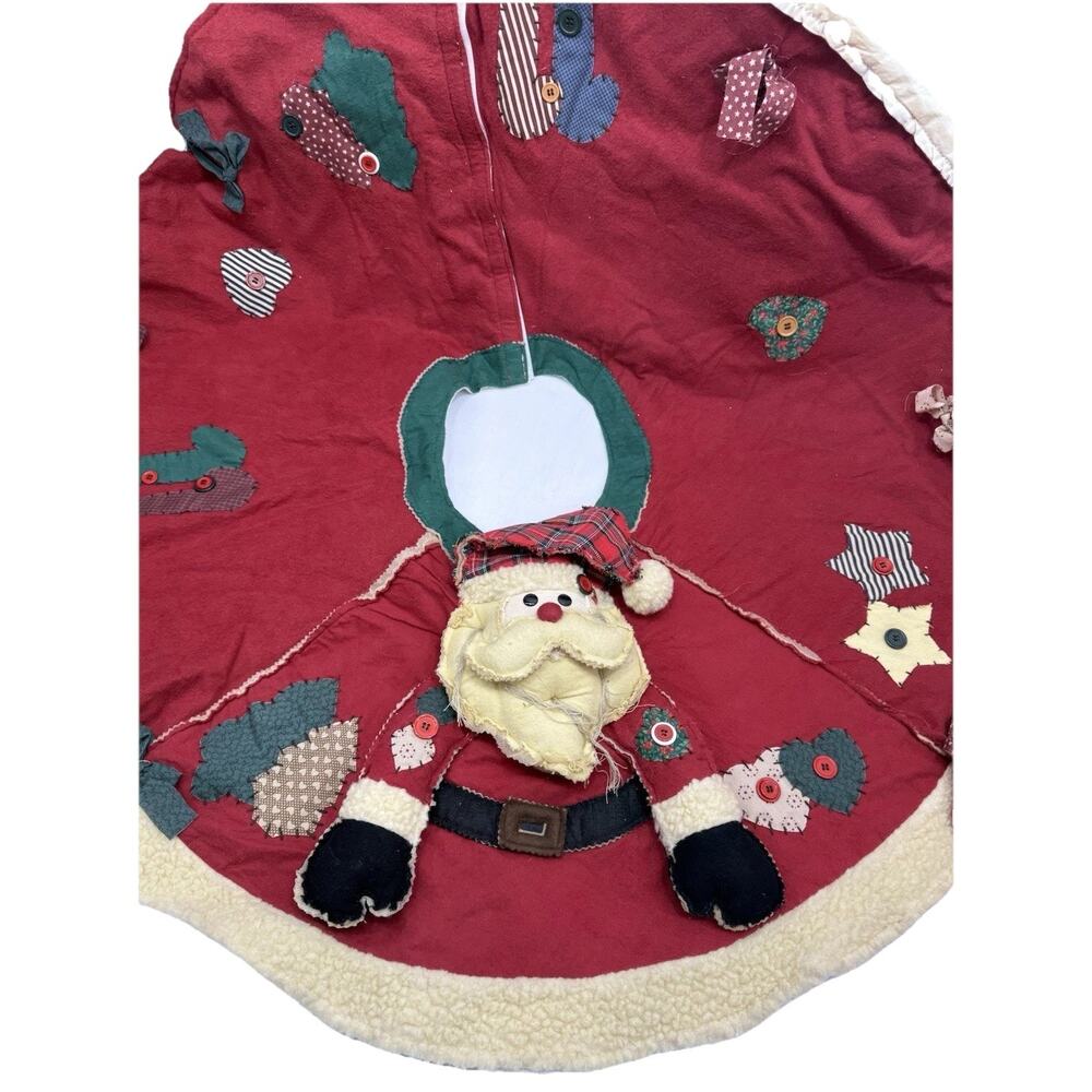 Vintage Santa Claus Christmas Tree Skirt 39" Red Patchwork Button‎ Accents Velcr
